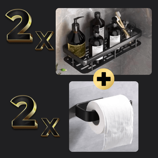 Prateleira De Banheiro Sem Furo - ShelfPrime Black - retangular, canto, Combo 2 Prateleiras Ret. + 2 Suportes Higiênicos - Tudo Shop