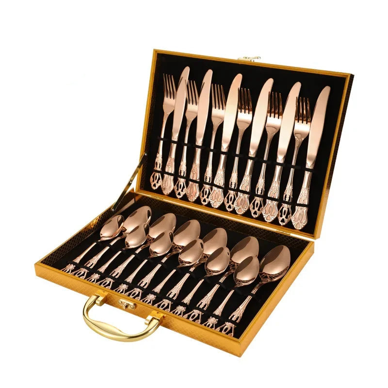 Faqueiro Inox 24 Peças - RoyalCutlery - Faqueiro Inox Prata 24pcs Box, Faqueiro Inox Dourado 24pcs Box, Faqueiro Inox Rose Gold 24pcs Box, Faqueiro Inox Prata 16pcs Box, Faqueiro Inox Dourado 16pcs Box, Faqueiro Inox Rose Gold 16pcs Box, Faqueiro Inox Preto 16pcs Box, Talheres Inox Prata 24pcs, Talheres Inox Dourado 24pcs, Talheres Inox Rose Gold 24pcs - Tudo Shop