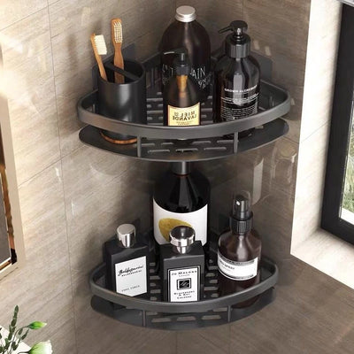 Prateleira De Banheiro Sem Furo - ShelfPrime Black - retangular, canto, Combo 2 Prateleiras Ret. + 2 Suportes Higiênicos - Tudo Shop