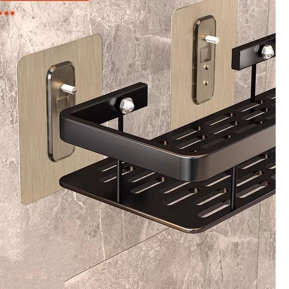 Prateleira De Banheiro Sem Furo - ShelfPrime Black - retangular, canto, Combo 2 Prateleiras Ret. + 2 Suportes Higiênicos - Tudo Shop