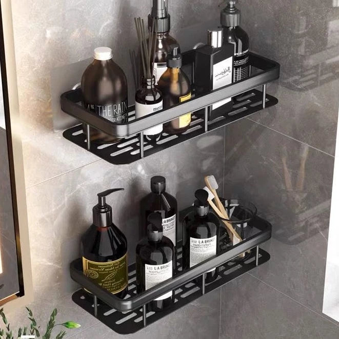Prateleira De Banheiro Sem Furo - ShelfPrime Black - retangular, canto, Combo 2 Prateleiras Ret. + 2 Suportes Higiênicos - Tudo Shop
