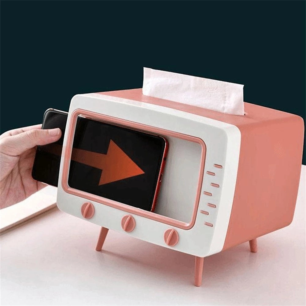 Suporte de Celular e Porta Lenços - TV Tissue - Azul e Amarelo, Verde, Rosa, Branco e Cinza - Tudo Shop