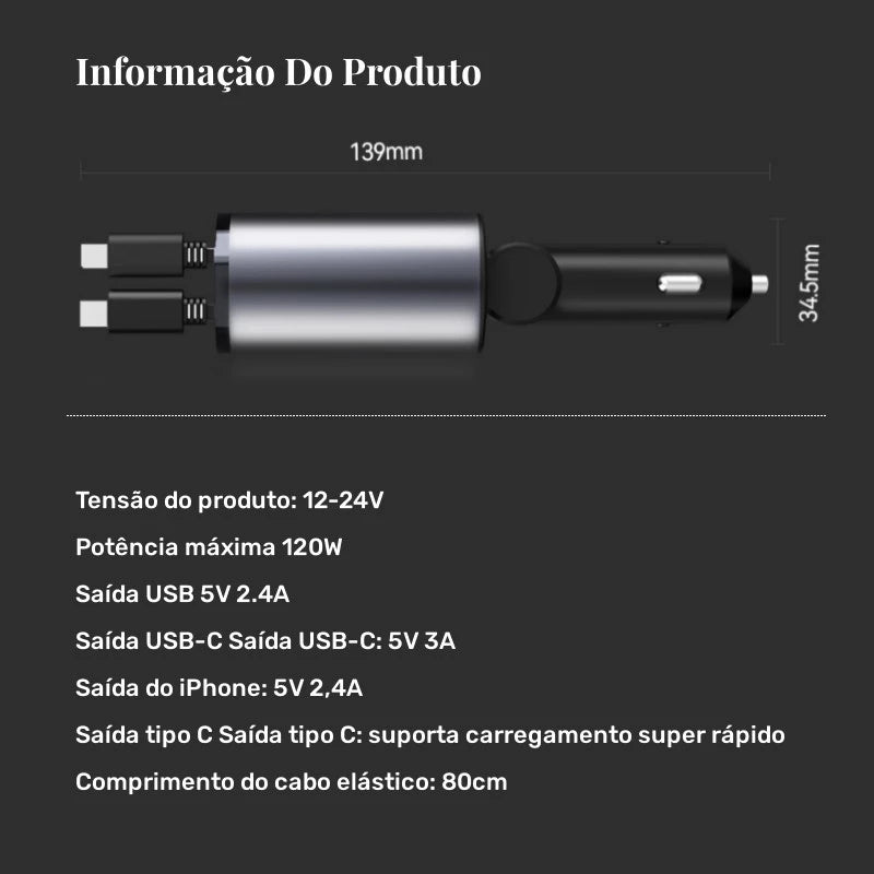 Carregador Retrátil 4 em 1 Para Carro - ChargeFlex