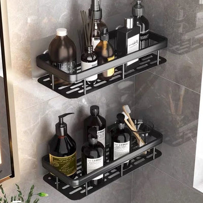 Prateleira De Banheiro Sem Furo - ShelfPrime Black - retangular, canto, Combo 2 Prateleiras Ret. + 2 Suportes Higiênicos - Tudo Shop