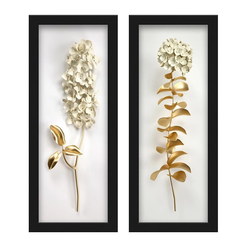 Kit 2 Quadros De Flores Brancas e Douradas - Versatile Frame - Branco, Preto, Tabaco - Tudo Shop