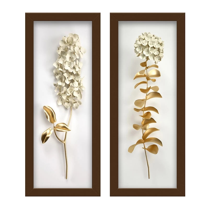 Kit 2 Quadros De Flores Brancas e Douradas - Versatile Frame - Branco, Preto, Tabaco - Tudo Shop