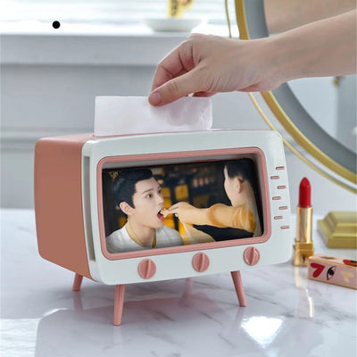 Suporte de Celular e Porta Lenços - TV Tissue - Azul e Amarelo, Verde, Rosa, Branco e Cinza - Tudo Shop